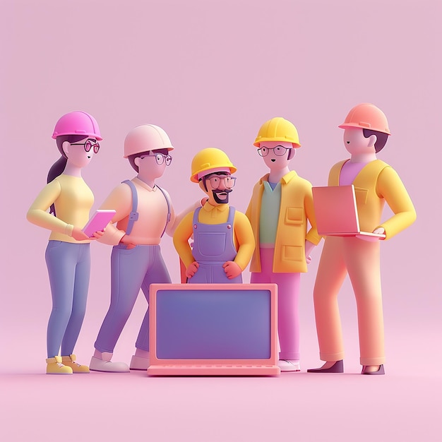 a group of people with hard hats and a laptop