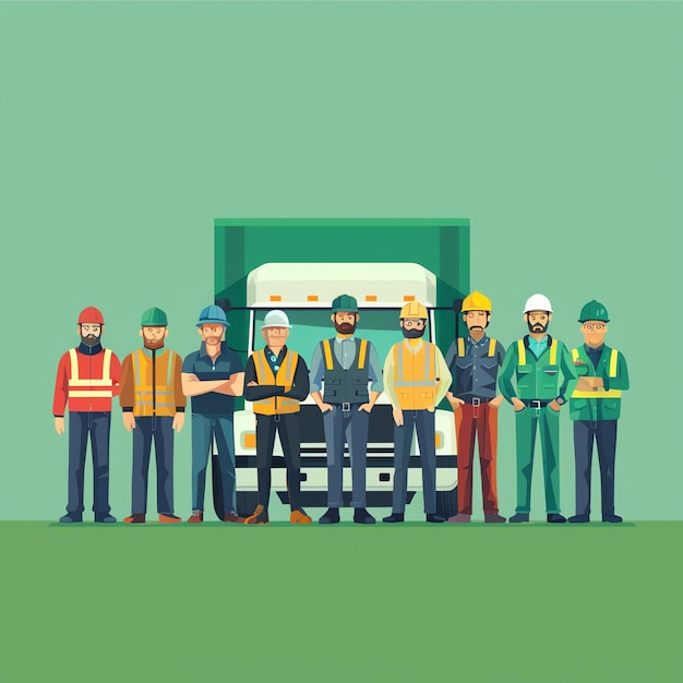 Photo a group of people with hard hats and vests stand in front of a truck with a green background