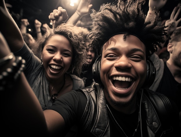 a group of people with headphones and a camera taking a photo of them with the words happy on the