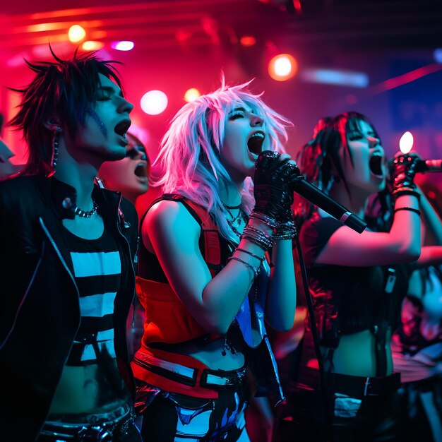 A group of people with microphones in front of a stage with the words quot rock band quot