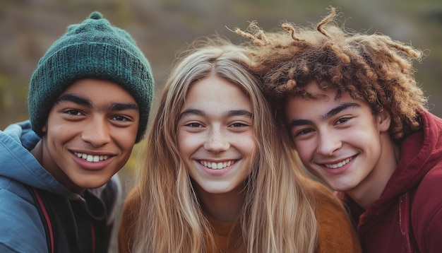 Photo a group of people with one wearing a beanie and the other with the other smiling