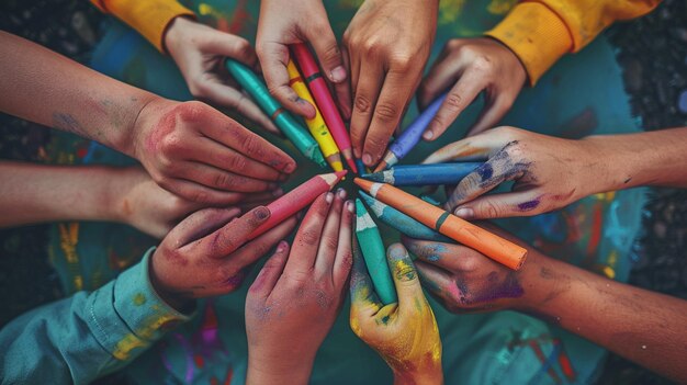 Photo a group of people with paint on their hands