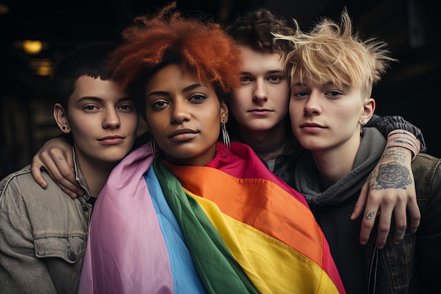 Photo a group of people with a rainbow colored scarf around them