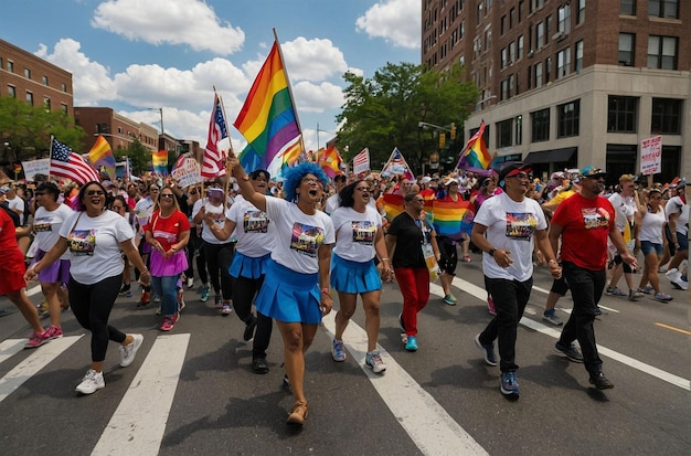 a group of people with rainbow flags are walking down a street