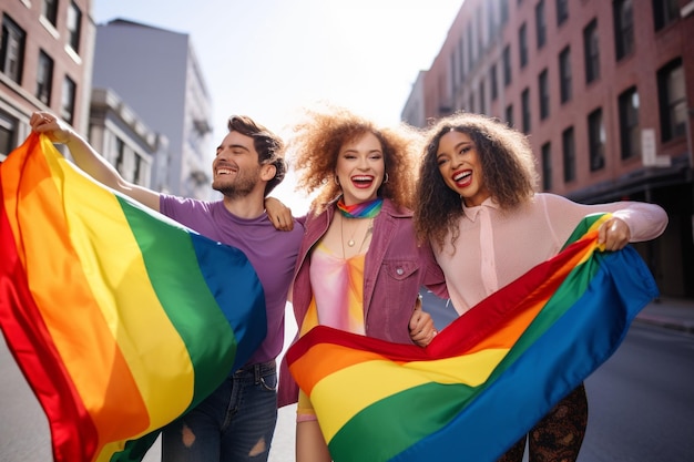 a group of people with rainbow flags in the city