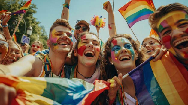 Photo a group of people with rainbow flags and one of them wearing the colors of rainbow