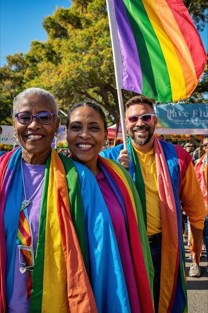 a group of people with rainbow flags and a rainbow flag