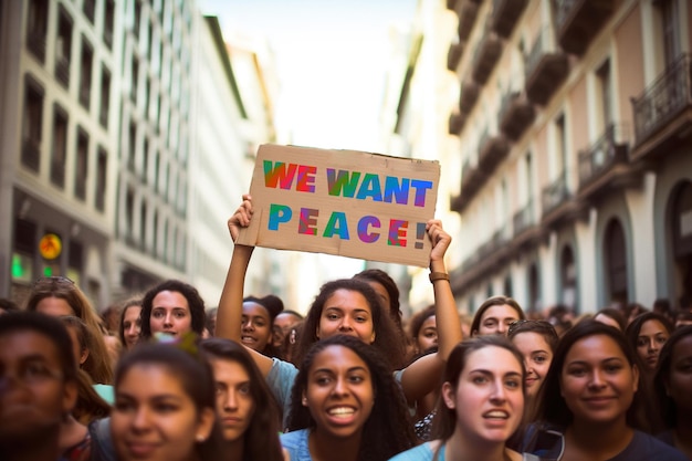 A group of people with a rainbow sign we want peace generative ai