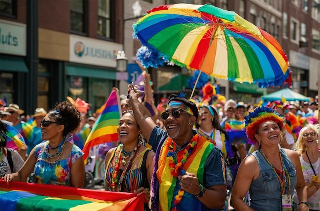 a group of people with rainbow umbrellas are in a parade