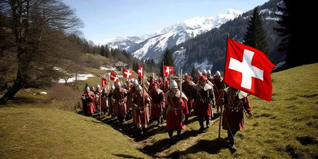 a group of people with a red flag and the word swiss on it