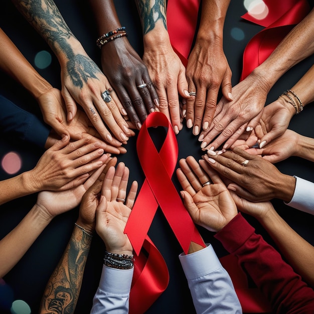 a group of people with a red ribbon around their hands