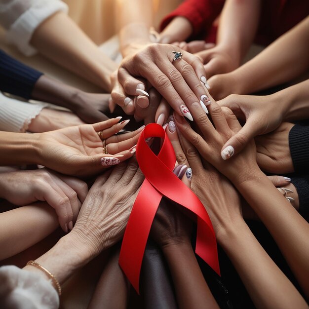 a group of people with a red ribbon around their hands