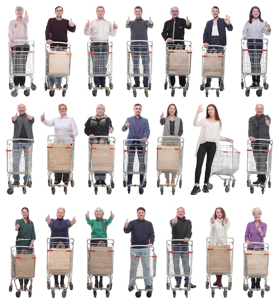 Group of people with shopping cart showing thumbs up