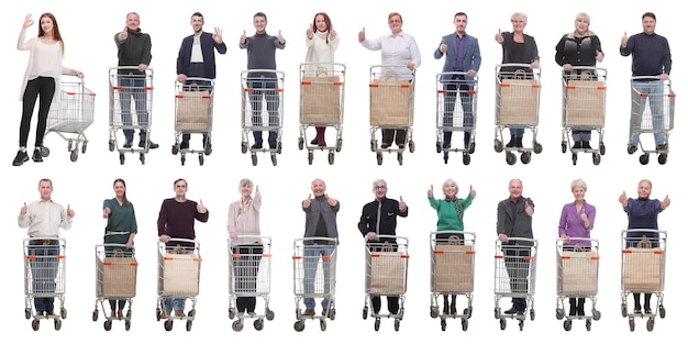 Group of people with shopping cart showing thumbs up