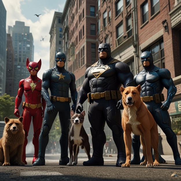 Photo a group of people with superheroes and a dog