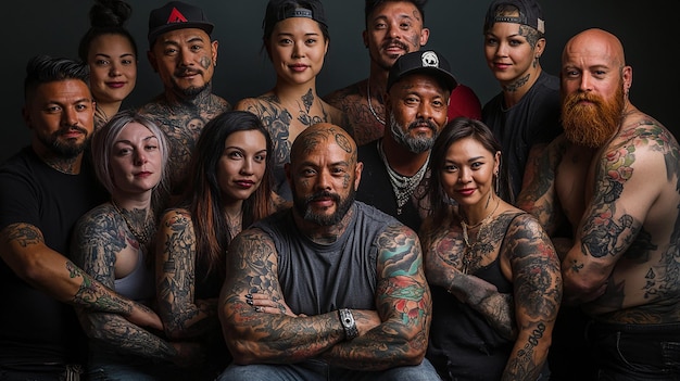 a group of people with tattoos and a man with tattoos poses for a photo