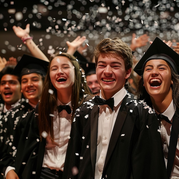 a group of people with their arms around each other and one has a lot of confetti on it