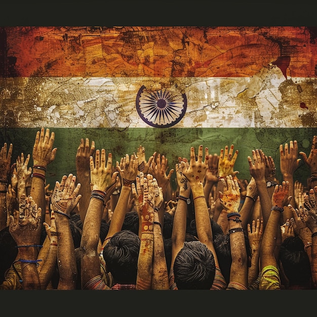 Photo a group of people with their arms raised in front of a flag with the word indian on it