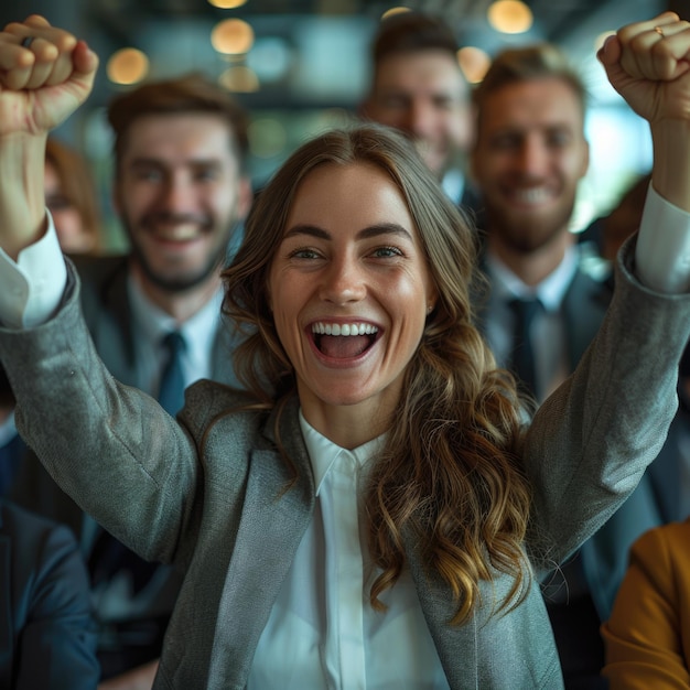 a group of people with their arms up in the air one of them is wearing a gray jacket and the other has a smile on her face