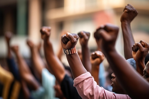 A group of people with their fists in the air one of them is wearing a pink shirt