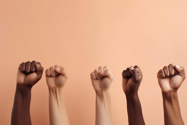 A group of people with their fists raised in the air