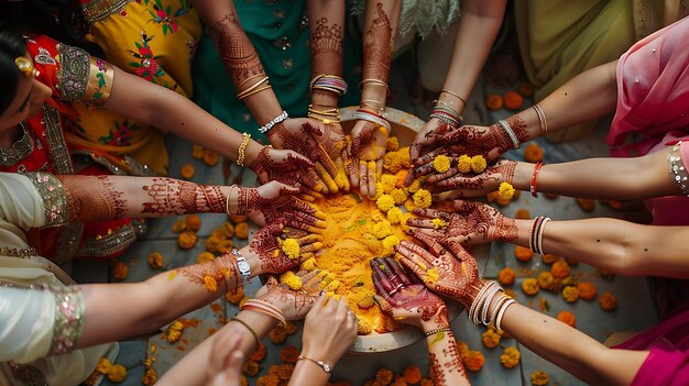 Photo a group of people with their hands around a large piece of food