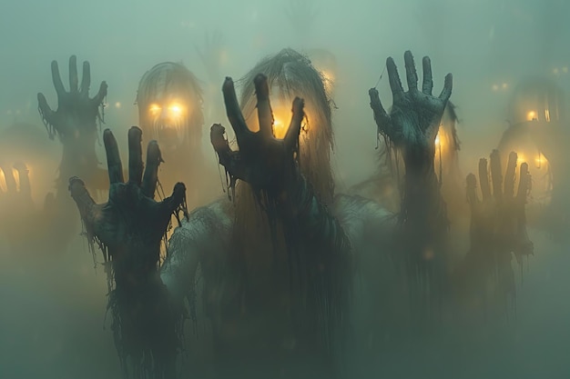 a group of people with their hands in the fog