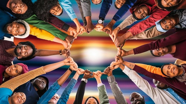 a group of people with their hands together in a circle