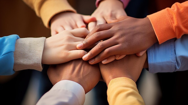 a group of people with their hands together in a circle