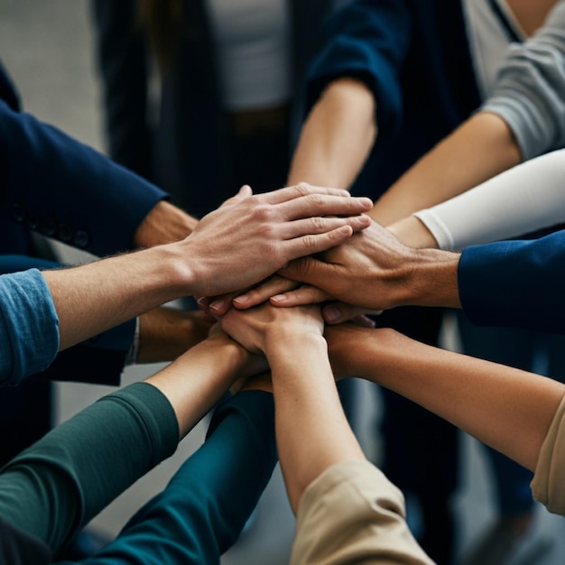 Photo a group of people with their hands together one of which is holding a stack of other people