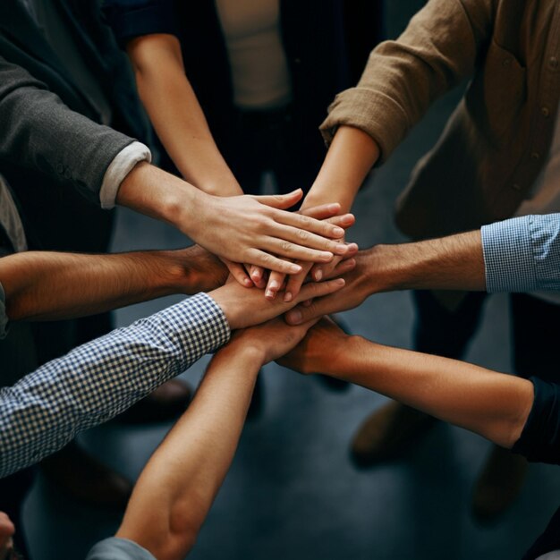 Photo a group of people with their hands together one of which is holding a stack of other people