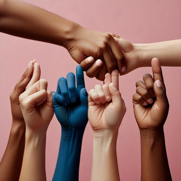 Photo a group of people with their hands together with one being held up