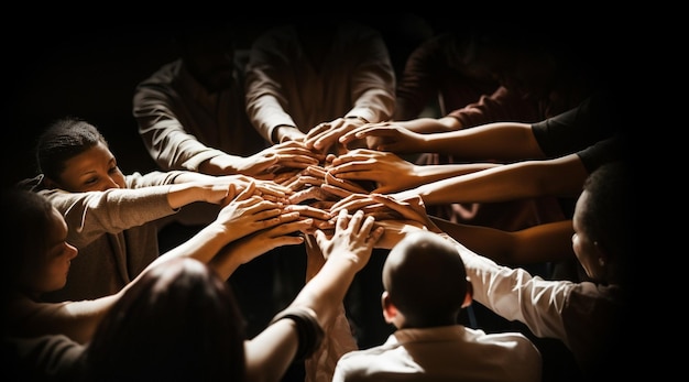 a group of people with their hands together