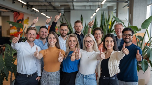 Photo a group of people with thumbs up in front of a green plant