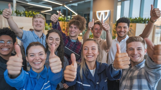 a group of people with thumbs up in front of a logo