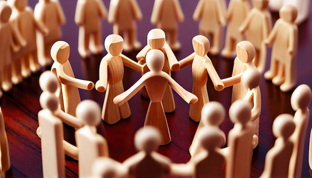 Group of people wooden figurine around Collaboration and cooperation team building