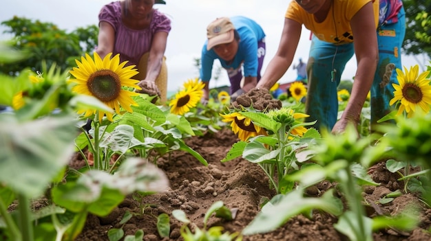 A group of people work together to carefully tend to a field of sunflowers their hands coated with