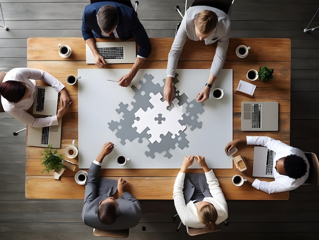 a group of people working in a conference room with a puzzle piece on the table