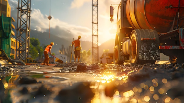 a group of people working on a construction site with a truck and a large tank with the word quot on