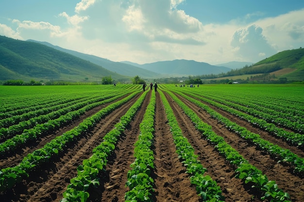 a group of people working in a field a group of people working in a field Farmers planting rows of crops in a fertile field