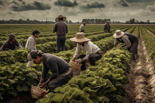 A group of people working in a field with a bunch of lettuce in the background