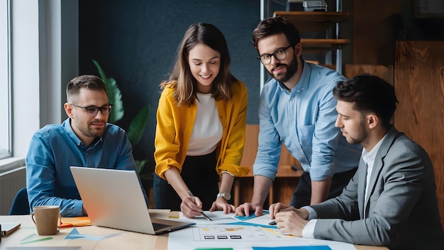 a group of people working on a laptop and one of them has a blue folder with the word  on it