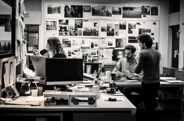 a group of people working in the office with a economic bulletin board in the background