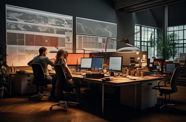 a group of people working in the office with a economic bulletin board in the background