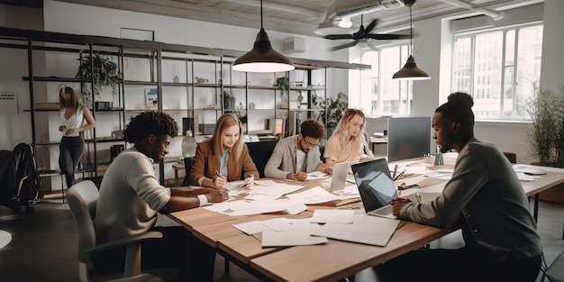 group of people working out business plan in an office