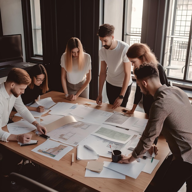 group of people working out business plan in an office