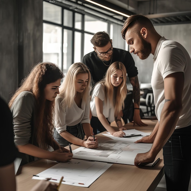 group of people working out business plan in an office