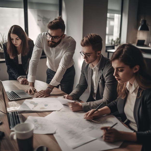 group of people working out business plan in an office