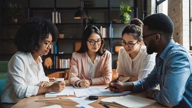 Group of people working out business plan in an office