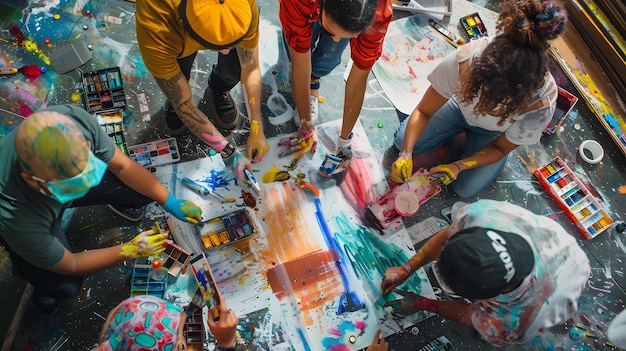 a group of people working on a painting with the word quot on it